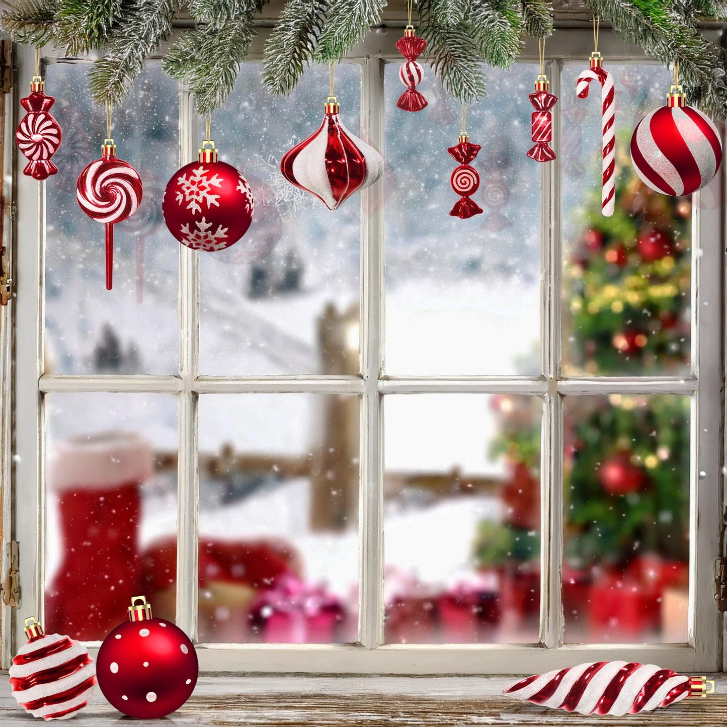 50PCS Christmas Ball Ornaments Candy Lollipop Set, Xmas Decoration Hanging Gloss Candy Canes Ball Pendants - Red Candy