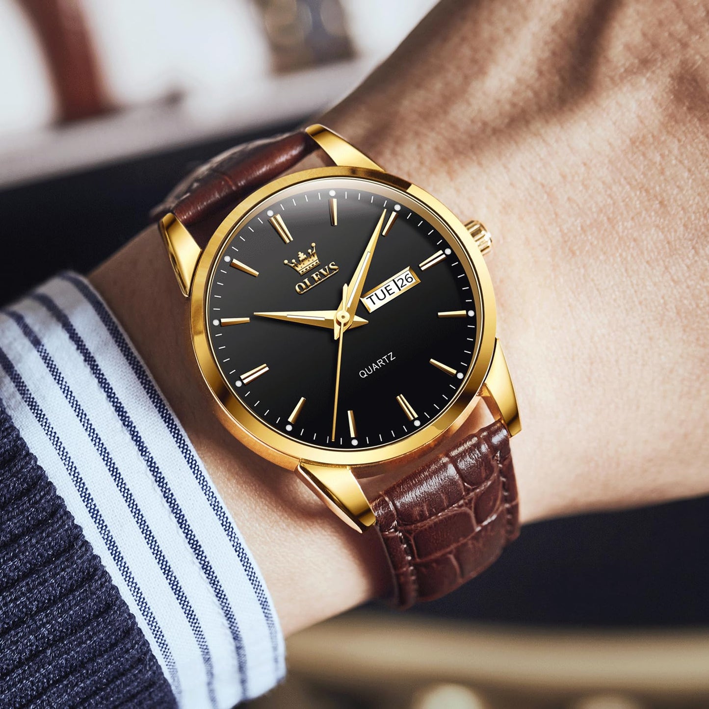 QBAIZI Mens Gold Watches Brown Leather Band Analog Dress Wristwatch for Men Black Face Luxury Male Watch with Day Date Easy to Read Vintage Men's Wrist Watches Waterproof Luminous Reloj para Hombre
