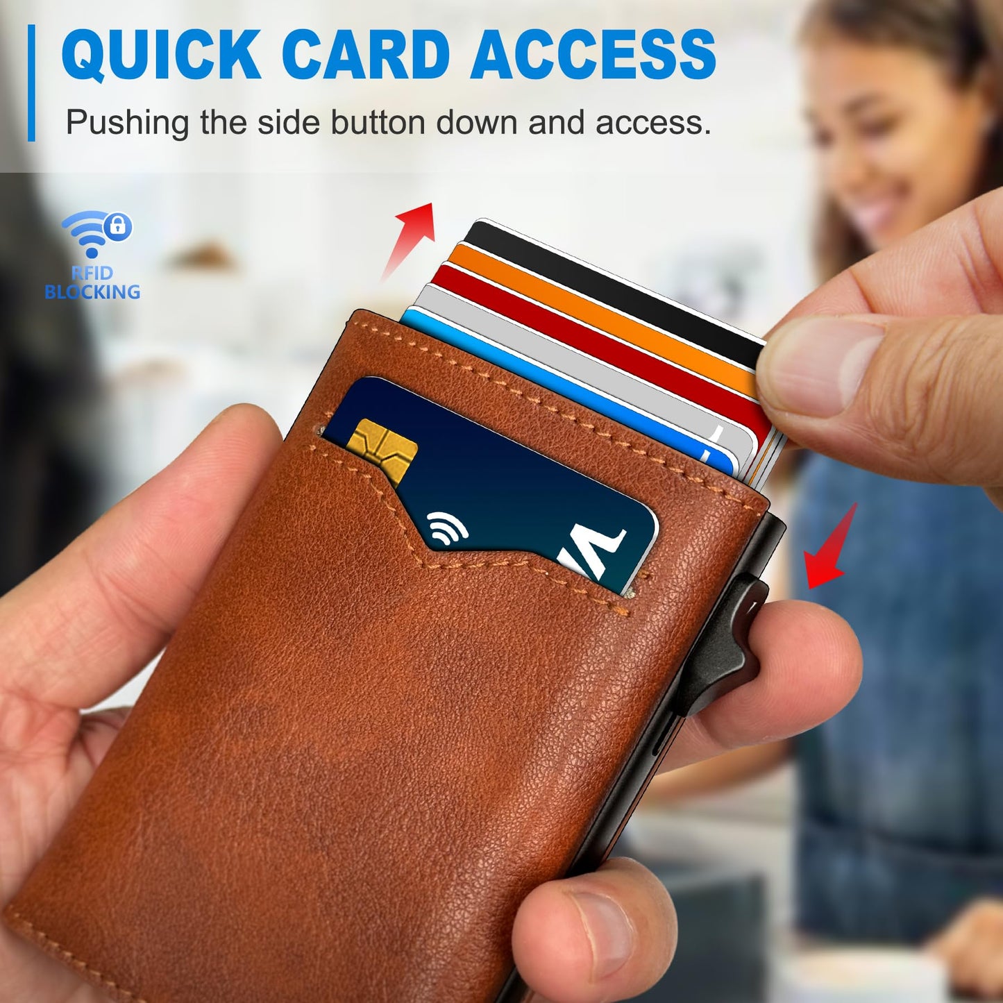 miyozi Wallet for Men,with Cash Pocket 2 ID Window 9-13 Cards,Metal Case Smart Slim Pop Up Credit Card Holder Flip with Magnetic Closure RFID Blocking Trifold wallet with Gift Box