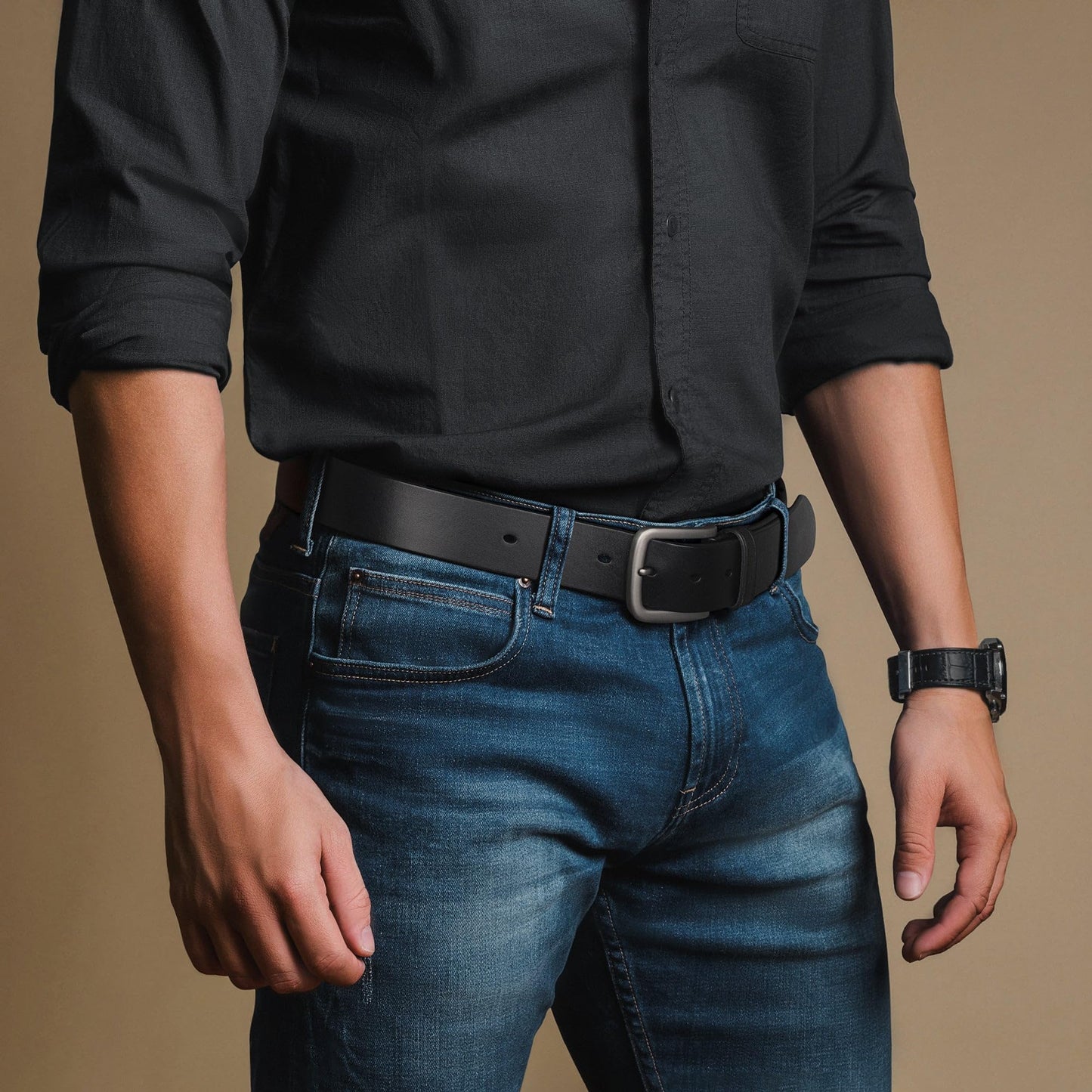 Buffway Men's Leather Belt,1.5" Handcrafted Top-Grain Leather – Durable,Comfortable,Suitable for Everyday Formal & Casual Wear - Size 38" Black
