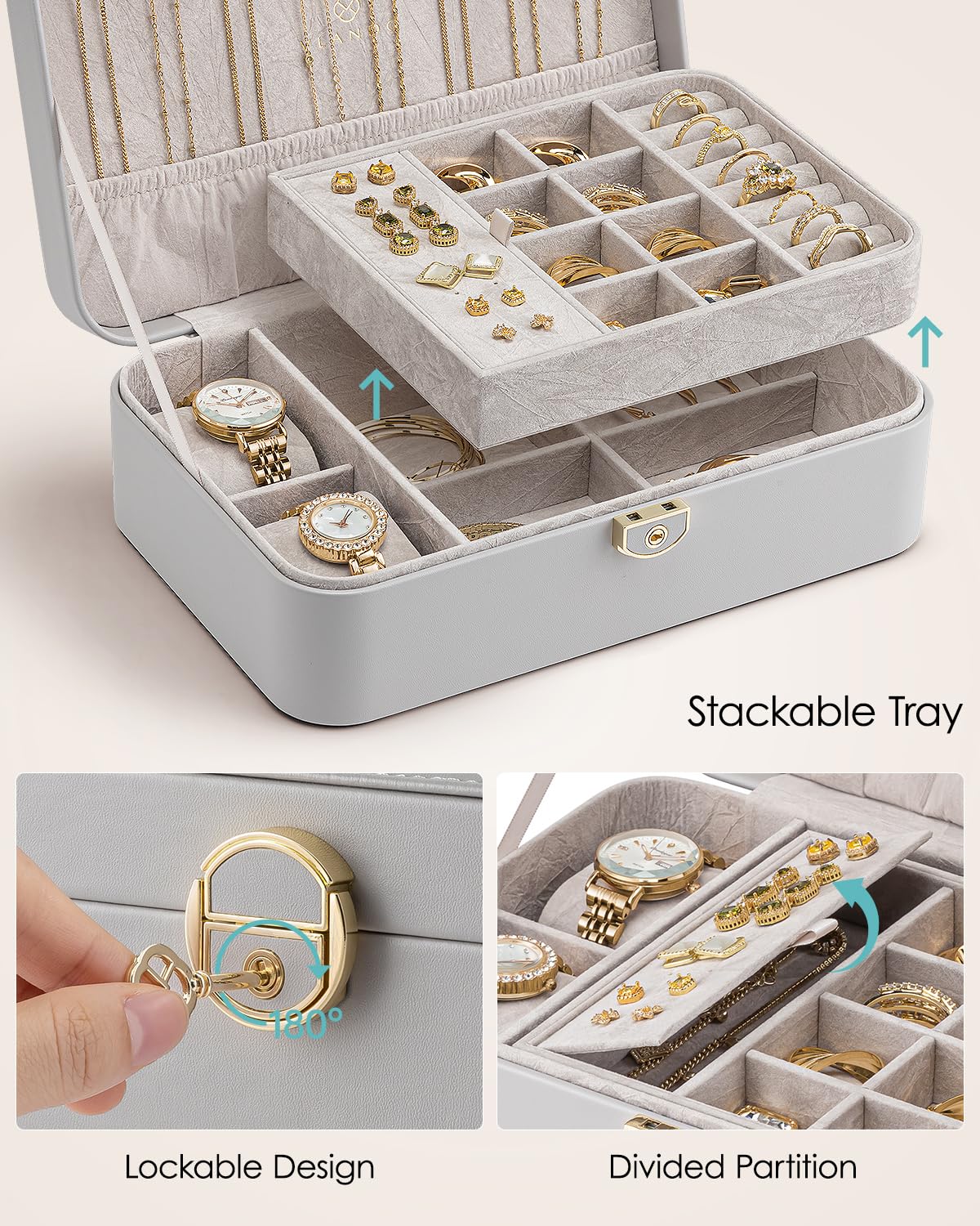 VLANDO 2 Layer Jewelry Box,Jewelry Organizer Storage Lockable Earring Organizer Removable Jewelry Tray with Watch Pillow for Neckable Ring Bracelets-Grey