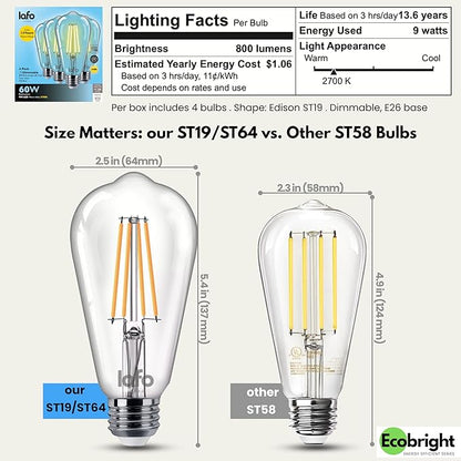 EcoBright ST19/ST64 LED Filament Bulbs, Dimmable, 60W Equivalent, 9W, 800 Lumens, 2700K Warm White, CRI90+, E26 Base, Flicker-Free, Edison Chandelier, ETL/FCC Certified (12 Pack)
