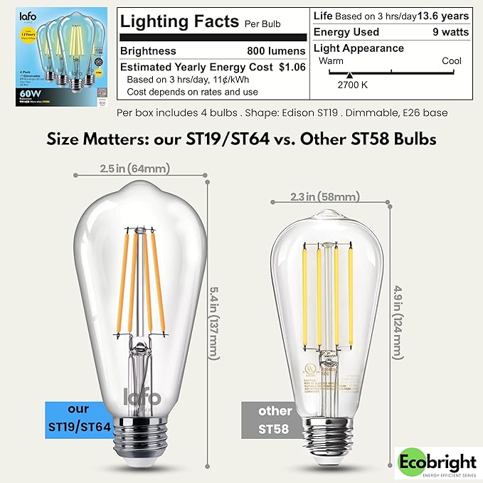 EcoBright ST19/ST64 LED Filament Bulbs, Dimmable, 60W Equivalent, 9W, 800 Lumens, 2700K Warm White, CRI90+, E26 Base, Flicker-Free, Edison Chandelier, ETL/FCC Certified (8 Pack)