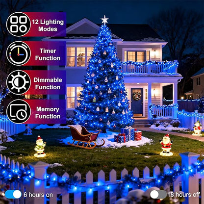 750 LED 256FT Christmas String Lights Outdoor, Christmas Light with 8 Lighting Modes& Timer & Memory, Plug in Outdoor Waterproof Clear Wire Twinkle Light for for Xmas Yard Tree Party Decor Blue
