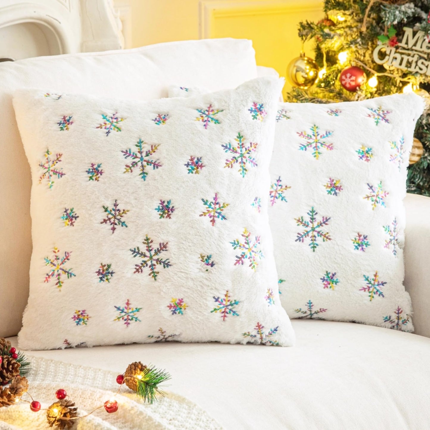 AQOTHES Pack of 2 Faux Fur Fuzzy Christmas Decorative Throw Pillows Covers Soft Plush with Snowflake Sequins Glitter Cushion Covers for Couch Sofa Bed Room Decor, Ivory,18 x 18 Inch