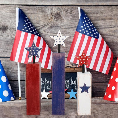 COCHIE 4th of July Decorations Set, Red White Blue Decor, Wooden Patriotic Memorial Day Tiered Tray Decor, Labor Day Decorations, Fourth of July Decoration for Home Office Table (Solid Retro)