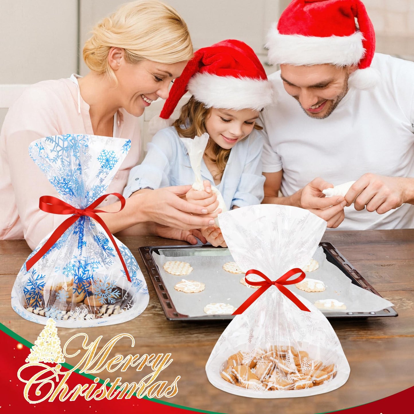 Tenceur 100 Sets Cellophane Cookie Tray Bags with Red Ribbons 15.8" x 19.7" Clear Cellophane Goodie Treat Basket Bags for Gift Giving Xmas Holiday Parties Wrap (Vivid Style)