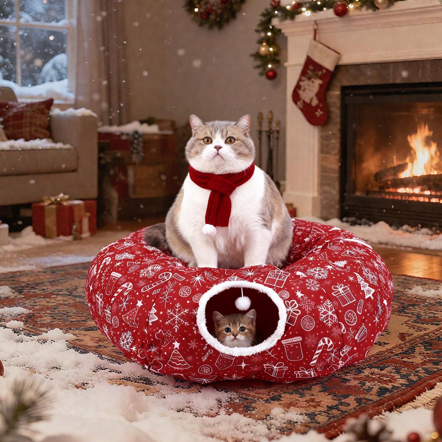 SilTriangle Cat Tunnel Christmas Tree Skirt Cat Donut Tunnel Bed for Indoor Cats with Ball Snowflake Collar Cats Cave for Small Medium Kitten Puppy Under Xmas Trees Decor Gift(Gift Box)