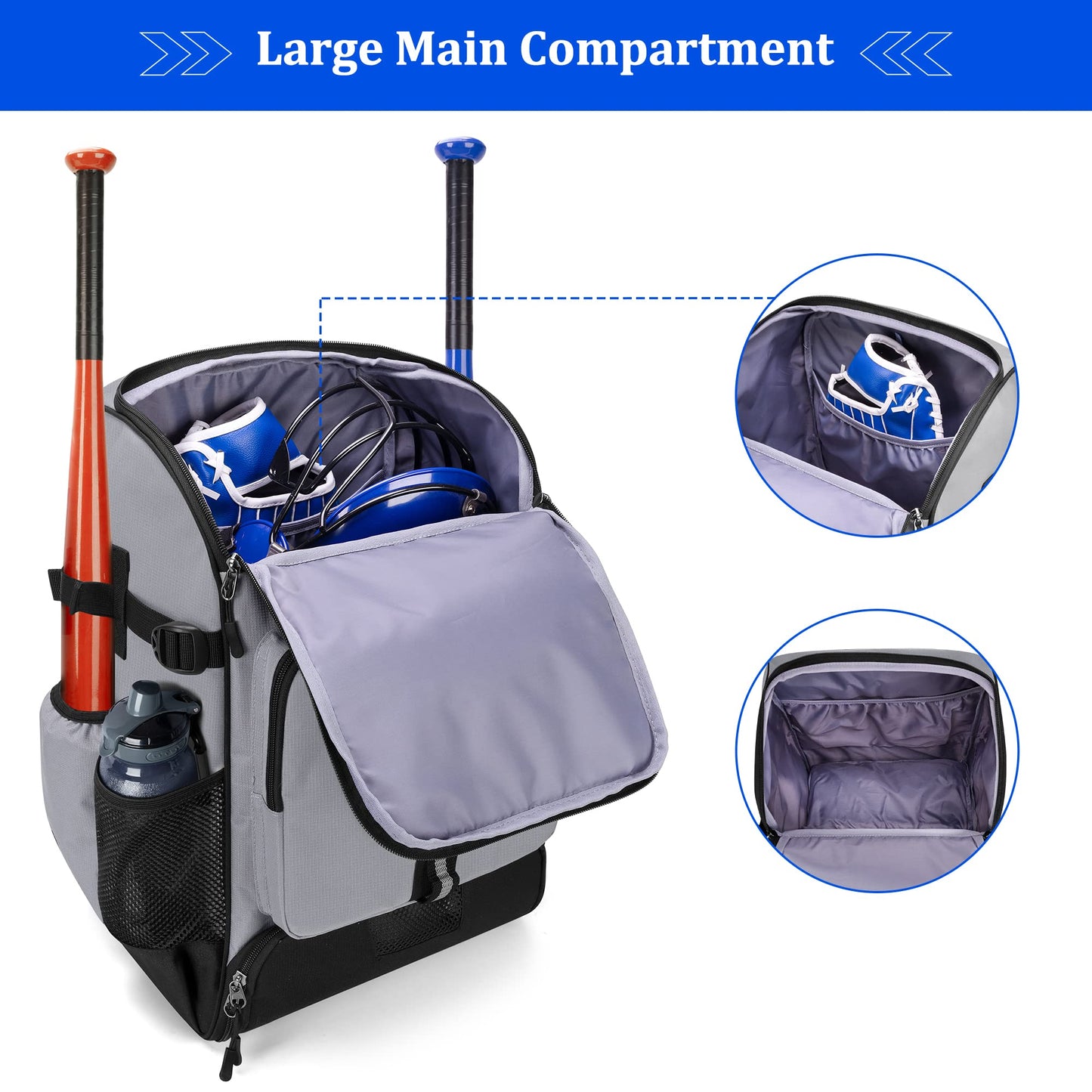 GOBUROS Baseball Backpack Holds Up to 4 Bats, Softball Bat Bag for Men Gray