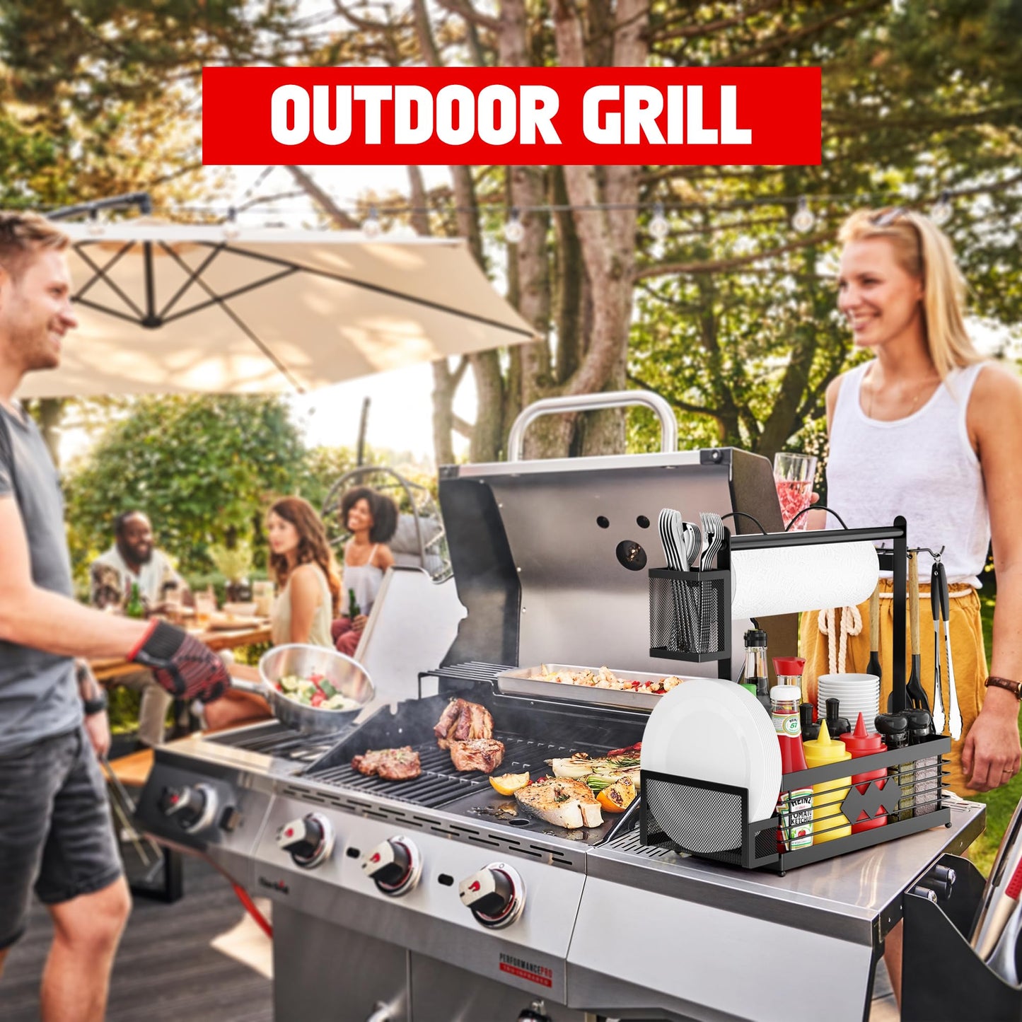 Grill Caddy for Outdoor Grill, BBQ Caddy with Camping Paper Towel Holder and Plate Holder, Picnic Utensil Condiment Kitchen Organizer for Camper, RV Patio Tailgate Essentials, Grilling Gifts for Men