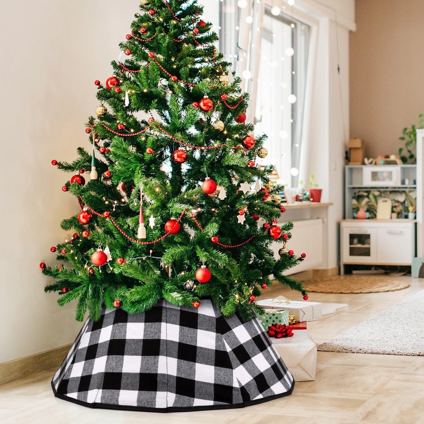 Christmas Tree Collar Velvet Folable Black White Buffalo Plaid Christmas Tree Ring Tree Skirt for Christmas Holiday Tree Decoration