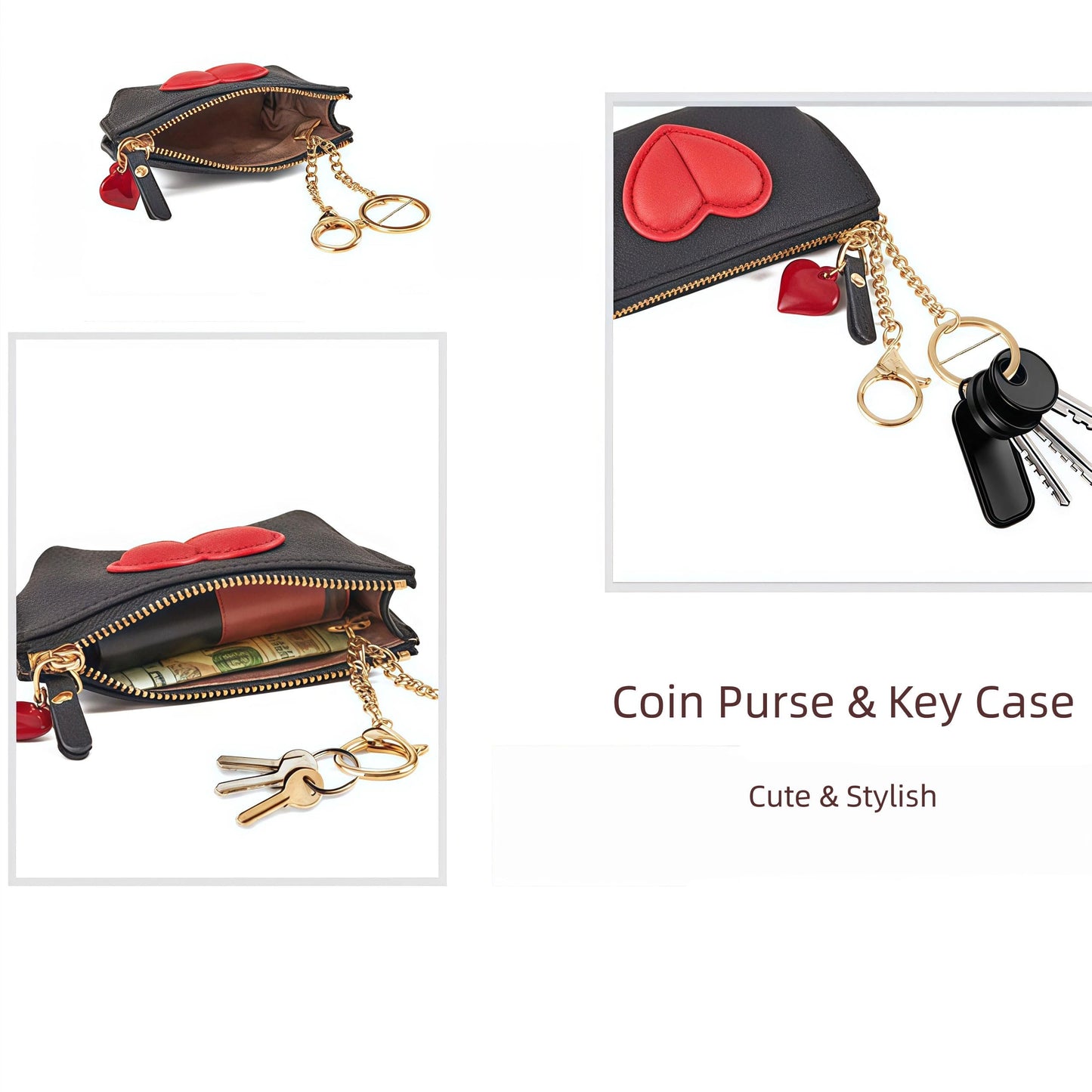 Red Heart Design Small Coin Purse - Cute Compact Keychain Change Purse Soft Leather Wallet with Zipper for Women (Black)