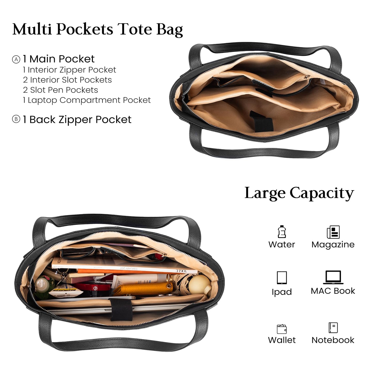 befen Black Genuine Leather Tote Bag for Women Work, Women's Leather Shoulder Bags Purses Satchel Handbags with Top Handles Work Purse