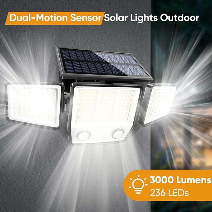 Solar Motion Sensor Outdoor Lights Waterproof - 3000LM 3 Modes Security Lights Outdoor 270° Illumination IP65 LED Solar Flood Wall Light for Garden Yard Patio Pathway (Modern, 2)