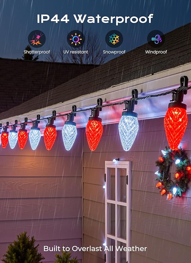 C9 Outdoor Christmas Lights, 72 FT 110 LED C9 String Lights, 8 Modes & Timer Extendable Waterproof for Christmas Tree Indoor Outdoor Roofline Patio Outside Garden Backyard Xmas Decor, Red White 2 Pack