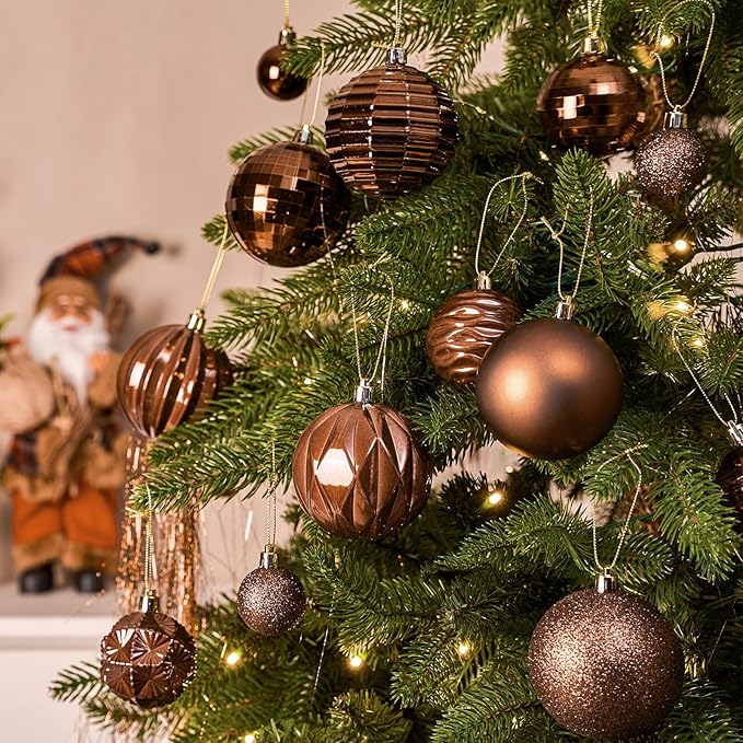 JORNOY Christmas Tree Ornaments Set, 47 Pack Assorted Shatterproof Hanging Balls Decorations, Plastic Bulbs Bulk with Lanyard for Home Holiday Party Decor, 3-Sizes (Brown)