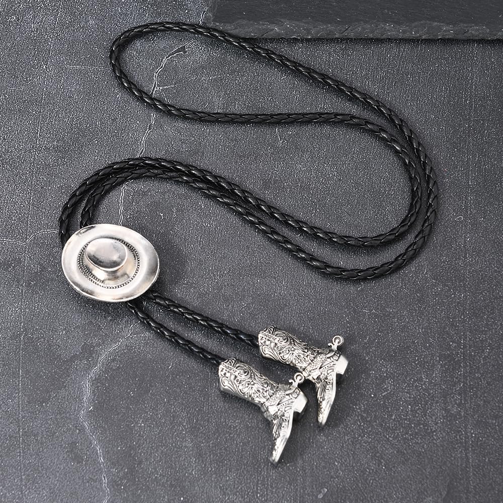 Joxevyia Western Cowboy Bolo Tie for Men Women Adjustable Necktie 3D Cowboy Hat and Boots Tips Bolo Neckties for Concert Rodeo and Daily Outfit