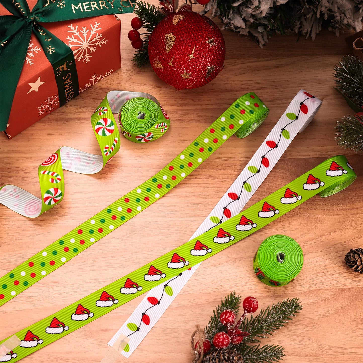 JarThenaAMCS 8 Rolls Christmas Grosgrain Ribbons 7/8" Red Green Xmas Candy Cane Light Bulb Santa Hat Dot Stripe Fabric Craft Ribbon for Holiday Birthday Wreath Bow Gift Wrap Party Decor, 40 Yards