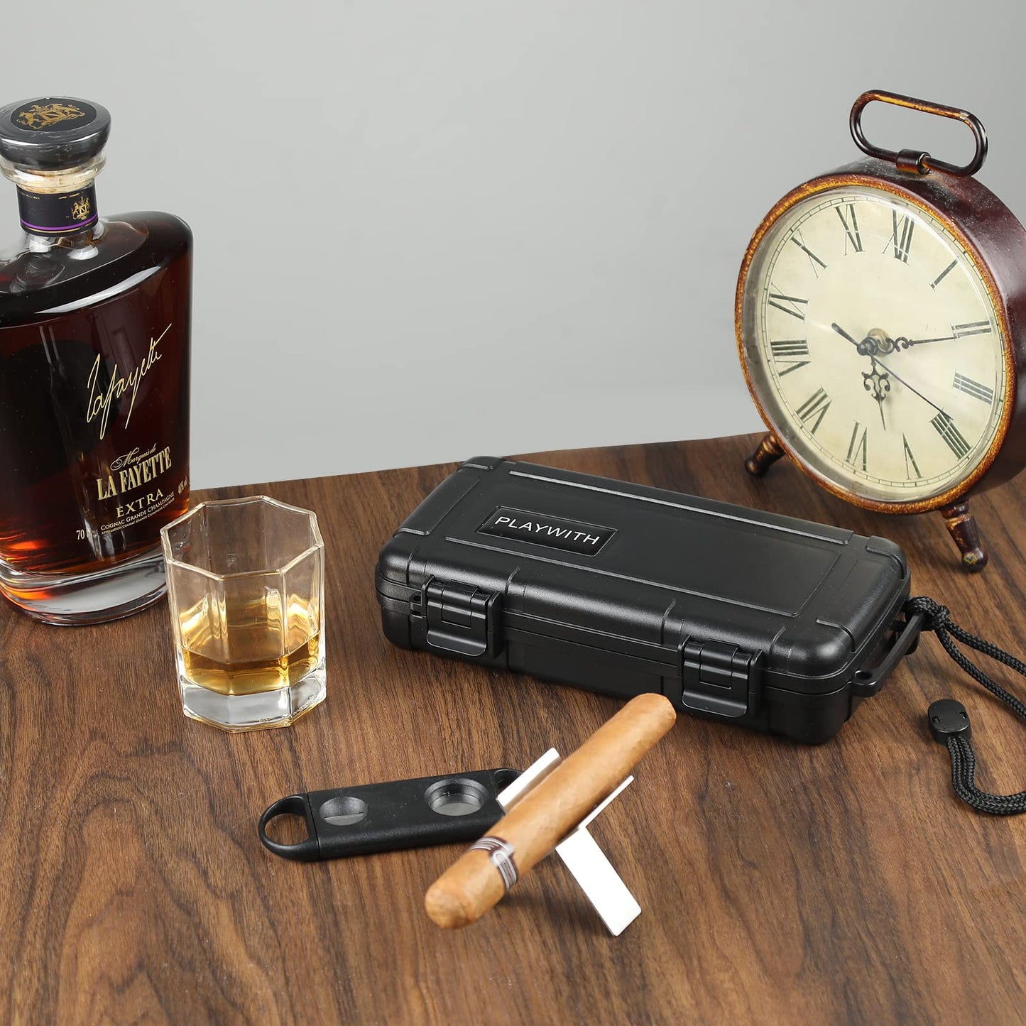 Travel Humidor Box With Cigar Accessories - Spanish Cedar, Humidifier, Cutter, Stand, Punch - Holds 4-5 Cigars - Waterproof, Crushproof, Airtight Seal