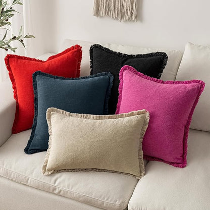 MIULEE Decorative Throw Pillow Covers Neutral Linen Fringe Throw Pillows Set of 2 Hot Pink Boho Farmhouse Cushion Covers with Tassels for Couch Sofa Bed Living Room Spring Home Decor 20x20 Inch