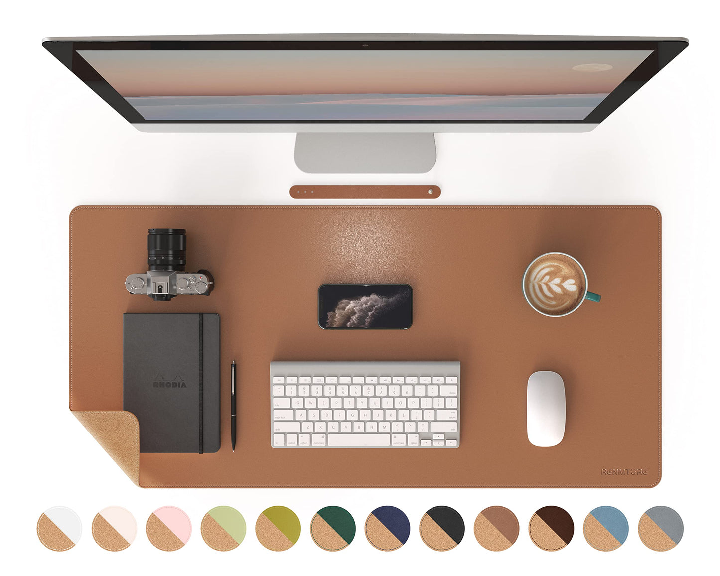 RENMTURE Dual-Sided Desk Pad, Natural Cork & PU Leather Large Mouse mats for Office and Home Work, Desk Protector Non-Slip, Waterproof, Easy Clean (Brown, 36"x17")