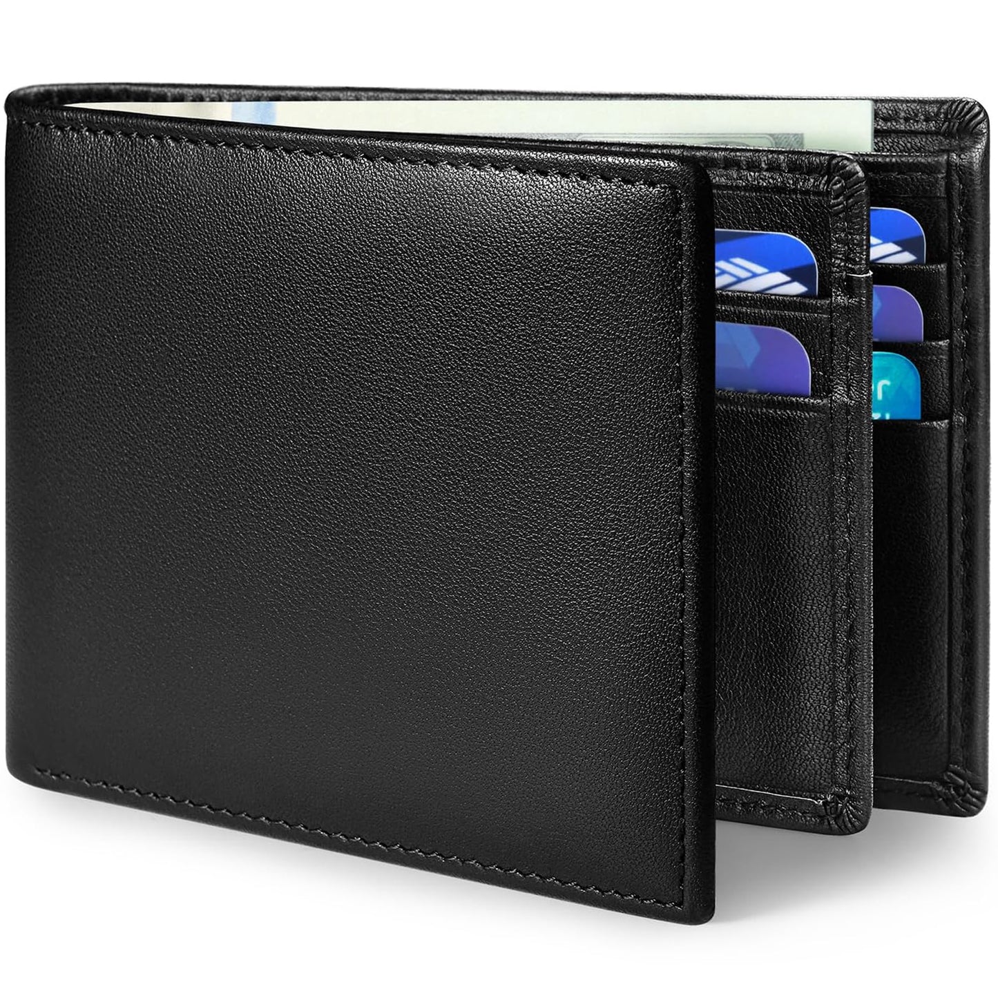 MARZAHAR Genuine Leather Mens Wallet, RFID Blocking Bifold Wallet for Men with ID Window, 11 Card Slots, Husband Birthday Anniversary, Dad Fathers Day Gift (Black)