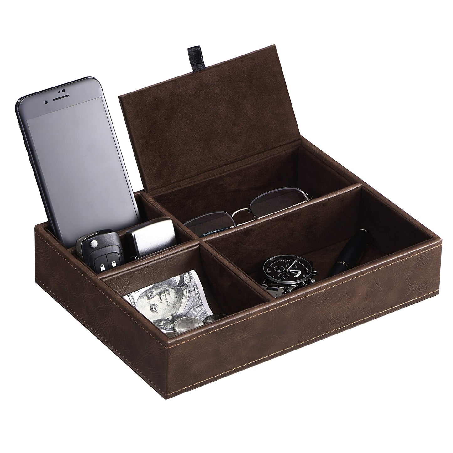 BEWISHOME Mens Valet Tray for men, Nightstand Organizer, Dresser Organizer, Catch All for Mens AccessoriesFaux Leather,Brown SSH06Z
