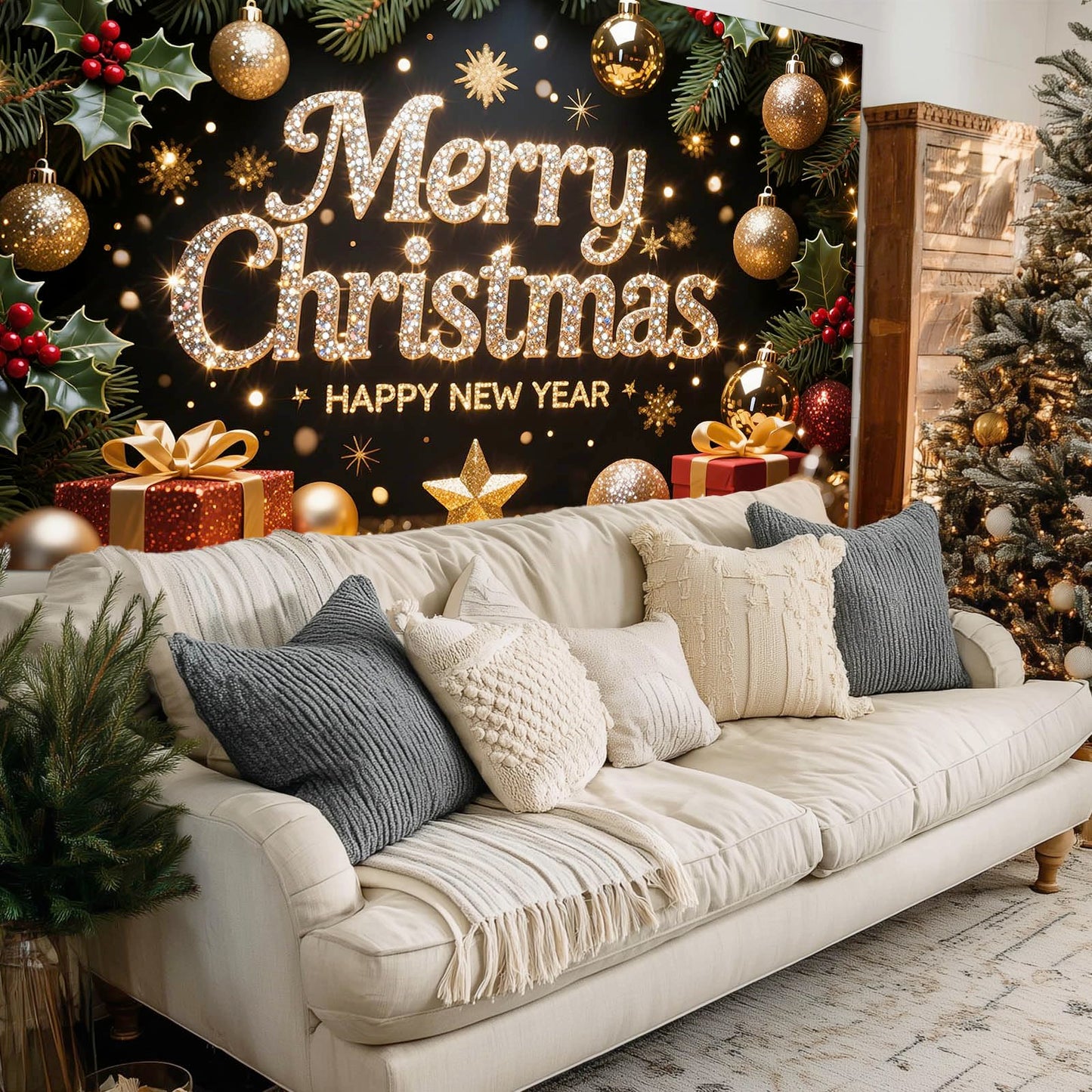 HOMETITUTE Merry Christmas and Happy New Year Backdrop 8×6ft Black Gold Holiday Photo Background with Gifts Ornaments Lights Party Banner Decoration