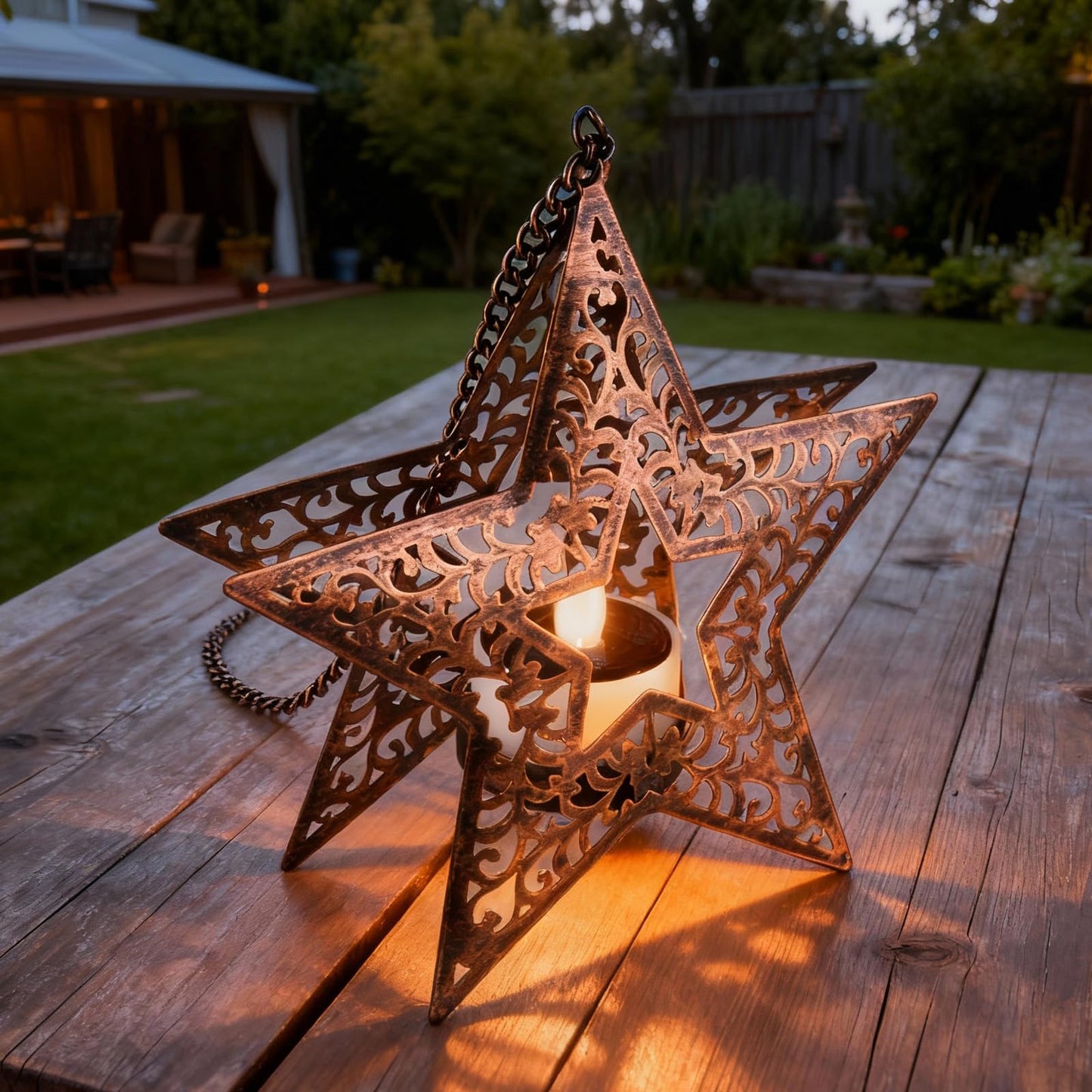 Hanging Solar Lights for Outside Trees, 4 Pack 6-Inch Hanging Star Lantern with Solar Tea Lights Outdoor Waterproof Chandelier, Patriotic Star Lights for 4th of July Decorations Porch Patio Pergolas