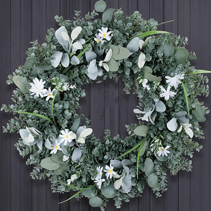 Door Wreath Green Eucalyptus for Front Door Wreaths Spring Summer Wreath 26 Inch Artificial Leaves Wreaths for All Season Home Farmhouse Porch Year Round Outdoor Wall Decorating,24 Inch
