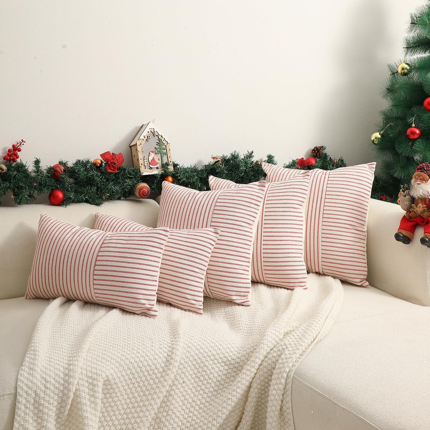 Hckot Christmas Pillow Covers 18x18, Red Throw Pillow Covers Set of 2, Striped Linen Decorative Pillows Cushion Covers for Couch Chair Beding Xmas Winter Decorations(Red)