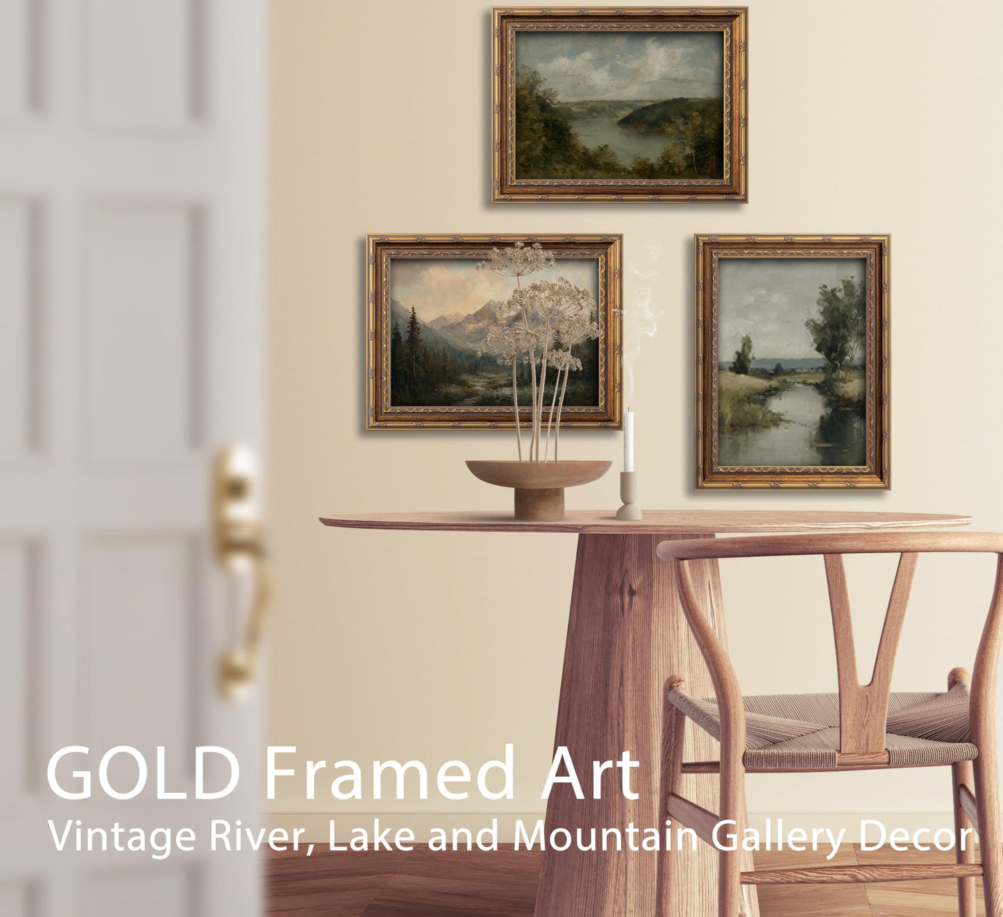 KKP Vintage Gold Framed Lake Wall Art, Gloomy River Painting Canvas Prints