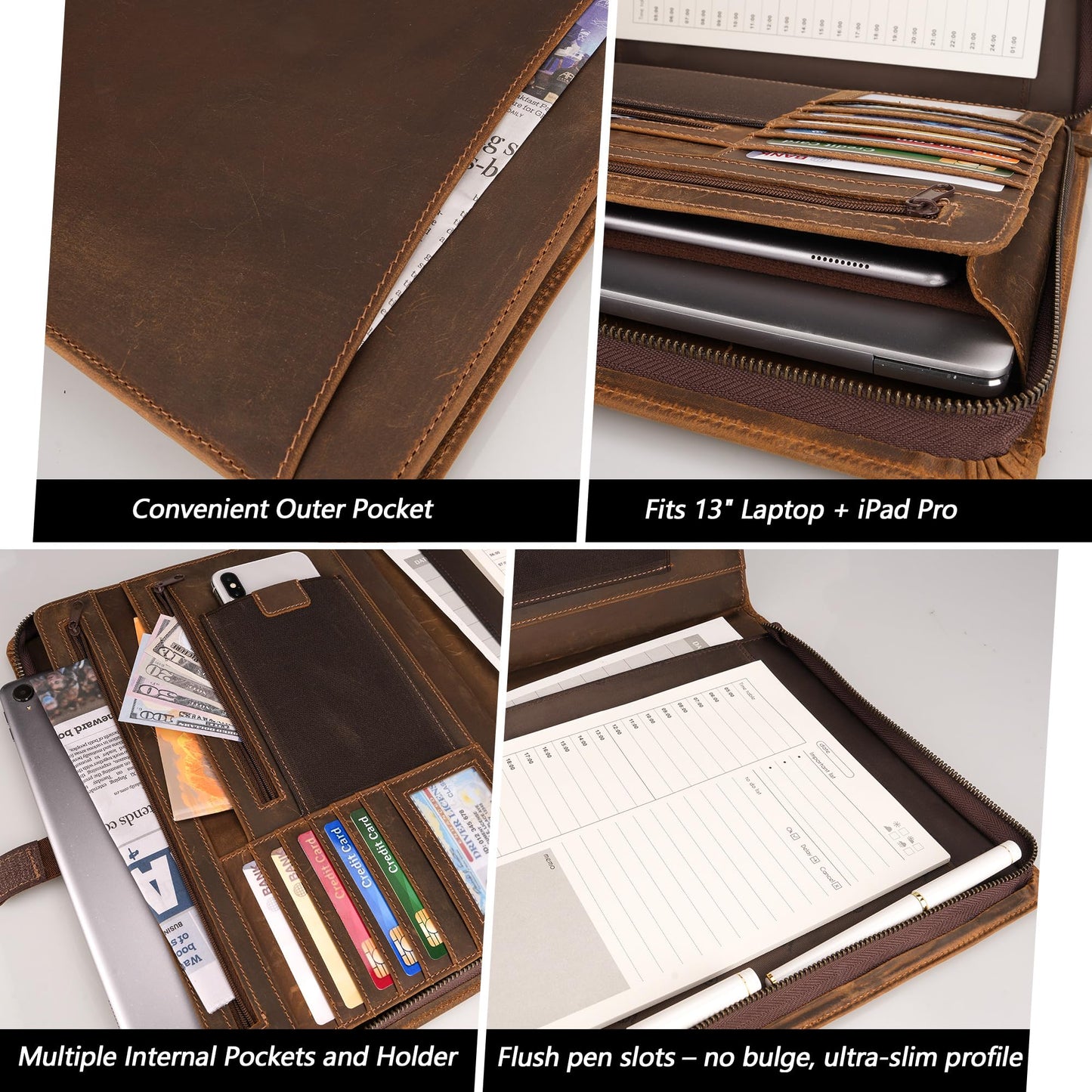 Full Grain Leather Portfolio with Zipper, Professional Business Organizer for Men Women, Executive Resume Folder with A4 Notepad Holder, Card Slots, Pen Loop, 10x13'', Luxury Gift Set