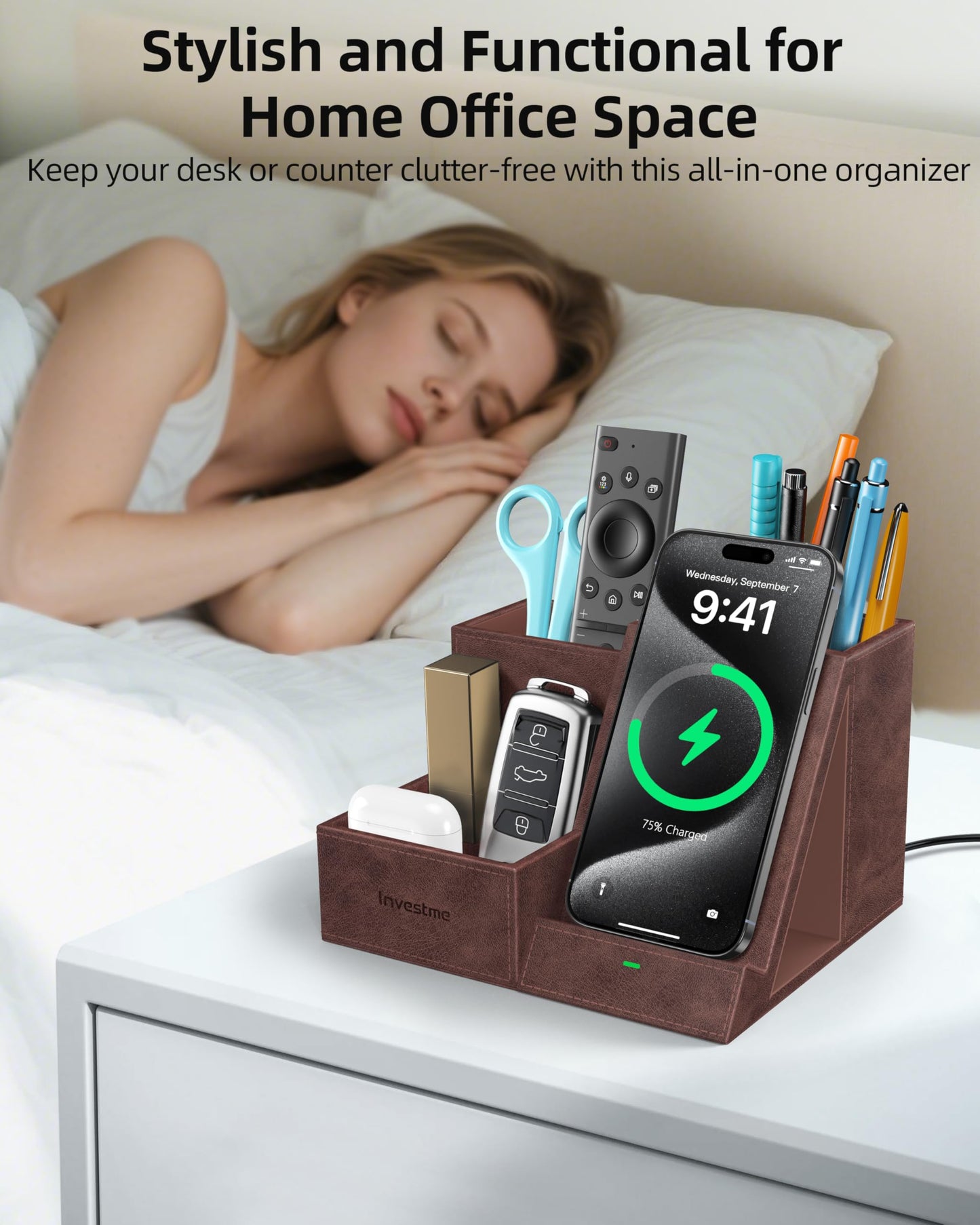 Investme Wireless Charger with Desk Organizer, Pen Pencil Holder, Multifunctional Desktop Organizer, Office Supplies and Desk Accessories Organizer with 3 Compartments and 1 Phone Stand, Dark Brown
