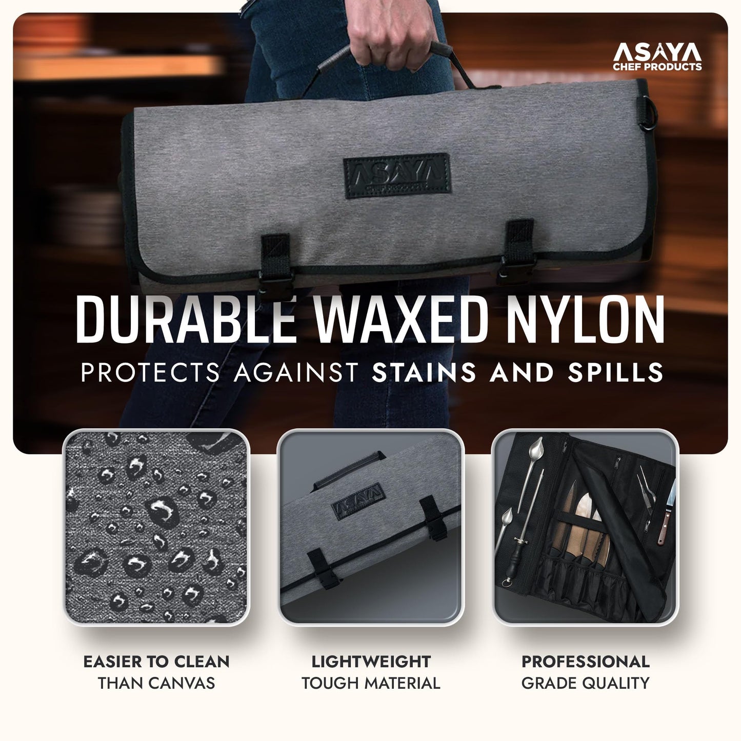 Asaya Waxed Nylon Chef Knife Roll Bag with 20 Slots and Zippered Pockets - Professional Chef Knife Bag & Storage Case, Tool Carrier with Shoulder Strap - Knives Not Included (Grey)