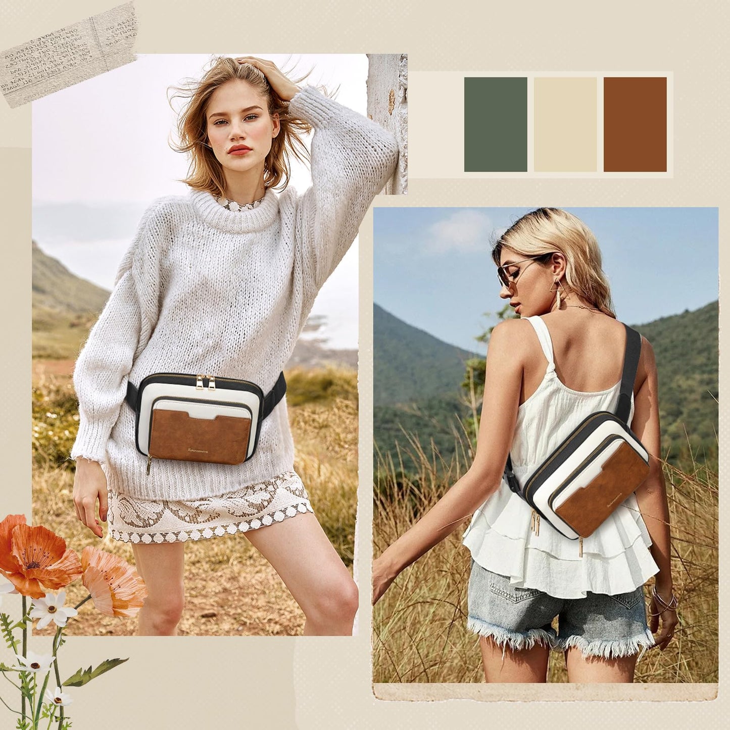 RAINSMORE Fanny Packs for Women, Leather Belt Bag Waterproof Everywhere Crossbody Waist Pack with Adjustable Strap Retro Sling Chest Bag for Work Running Travel Party, Black and Brown with White