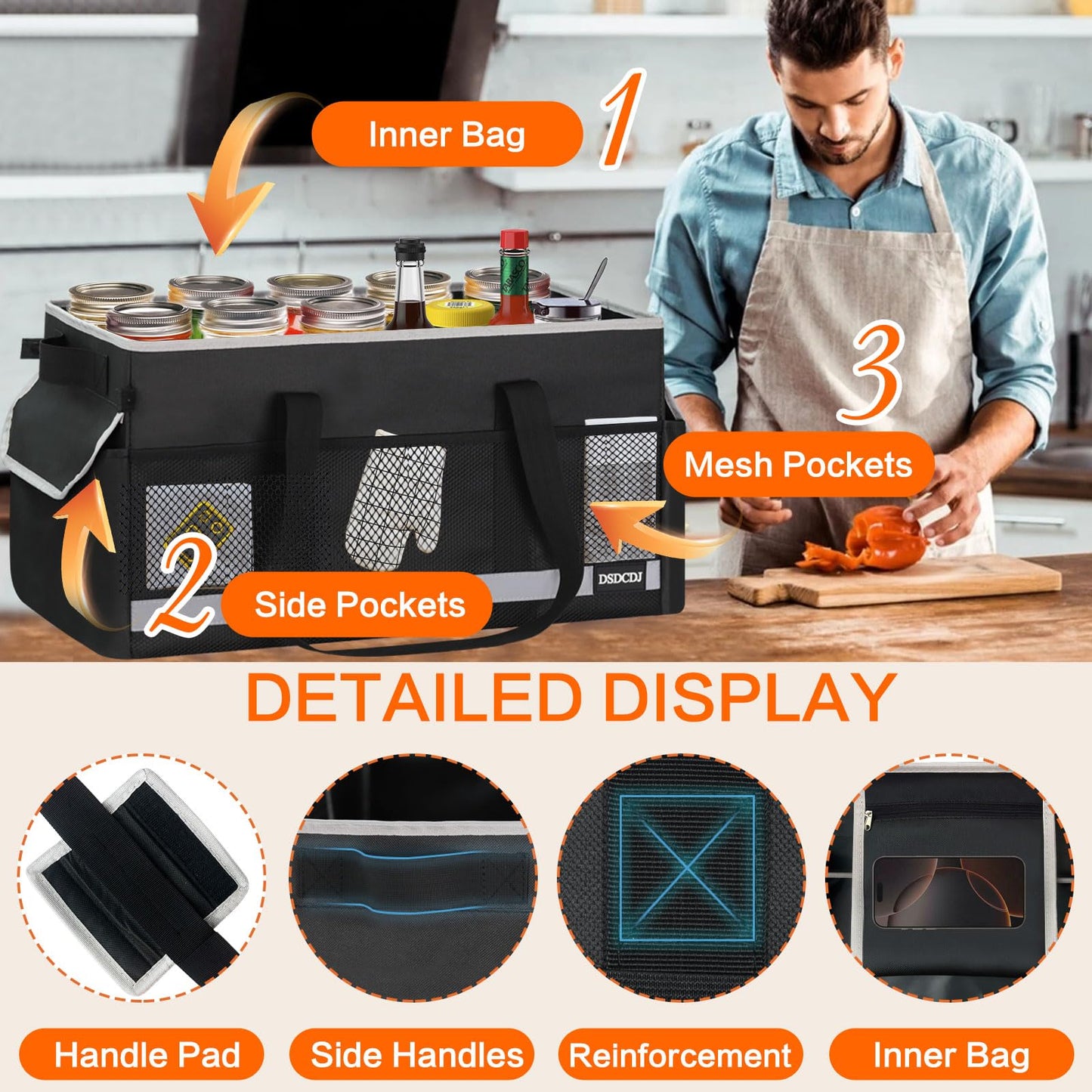 DSDCDJ Upgrade Extra Large Utility Tote Bag with Reflective Strip, Standing Reusable Grocery Bags with Hard Bottom & 4 Sided Reinforced, Collapsible Utility Tote with Handles for Shopping, Beach, Car