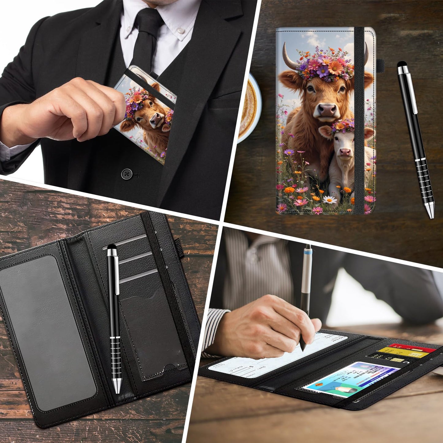 RMJKXQZG Leather Checkbook Wallet, RFID Blocking Pen Holder Large Compartment for Cash Checkbook Compartment Card Slot for Checkbook Holder Checkbook Cover, Wildflowers And Cute Cow Cattle