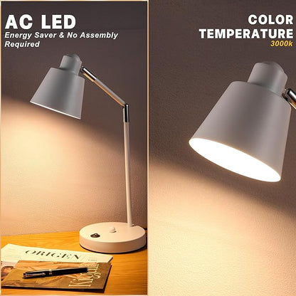 LED Desk Lamp with Dual USB Charging Ports, 100% Metal, 270° Swivel Arms, Soft White Light (3000K), Bedside Reading Lamp, Home Office Lamp(White)