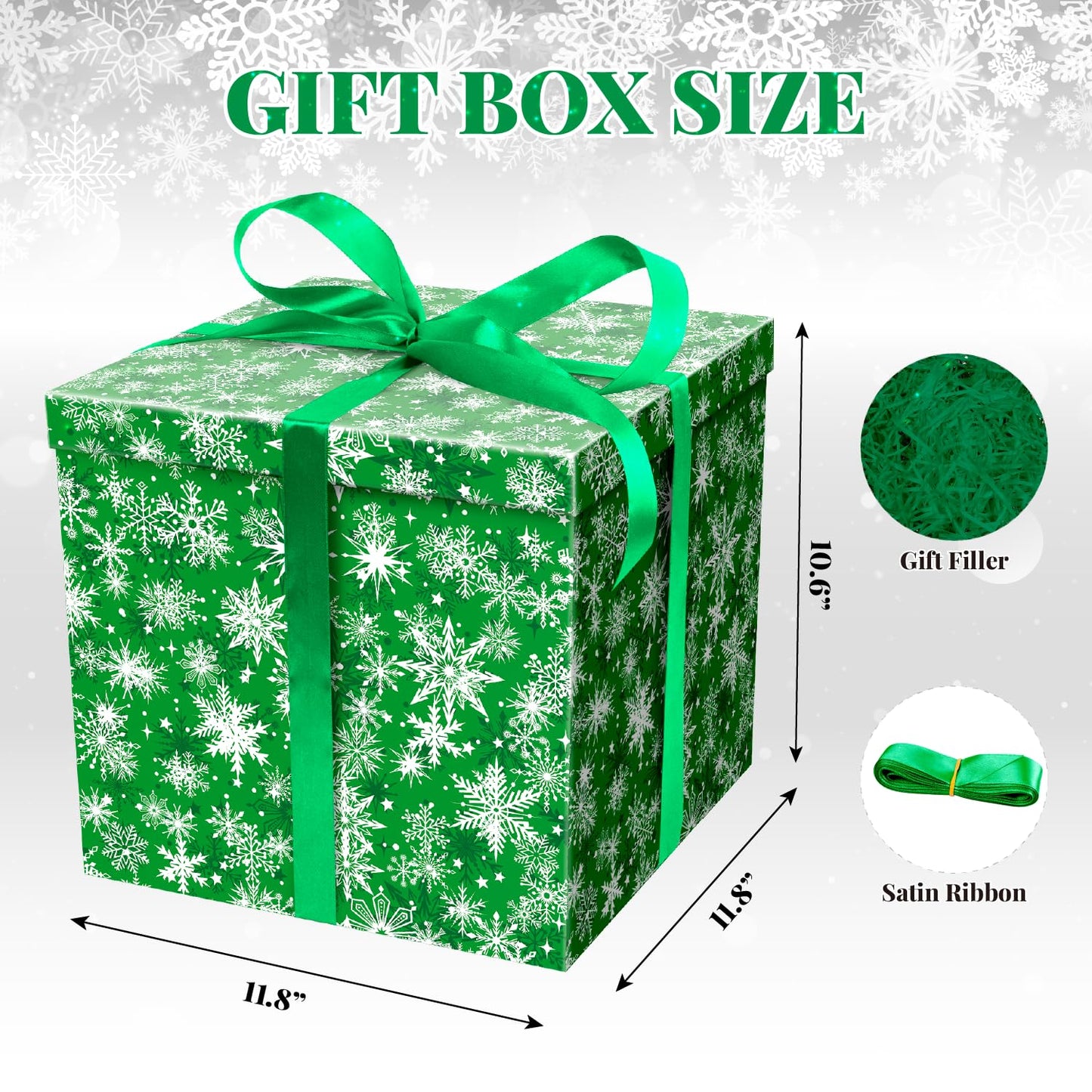 ysmile Christmas Gift Box with Lid Ribbon Paper Filler for Kid Adult Present Square Holiday Xmas Gift Wrapping 11.8 Large - Snowflake Green