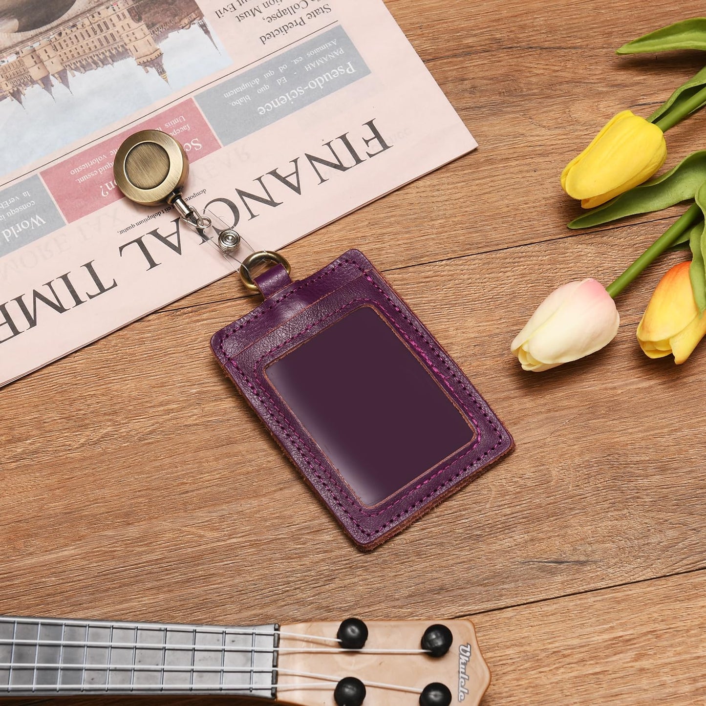 Wonderpool ID Badge Holder Genuine Leather Card Slots Case with Detachable Neck Lanyard and Retractable Badge Reel for Office School Hospital Exhibition ID & Driver Licence (Purple)
