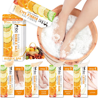 Pedicure Kit Foot Soak Set: Bubble Salt, Sugar Scrub, Massage Mask, Massage Lotion in a Box, 4 Step Foot Spa Kit for Dry Feet,Tired Feet（3 Set Tropical Fruit)
