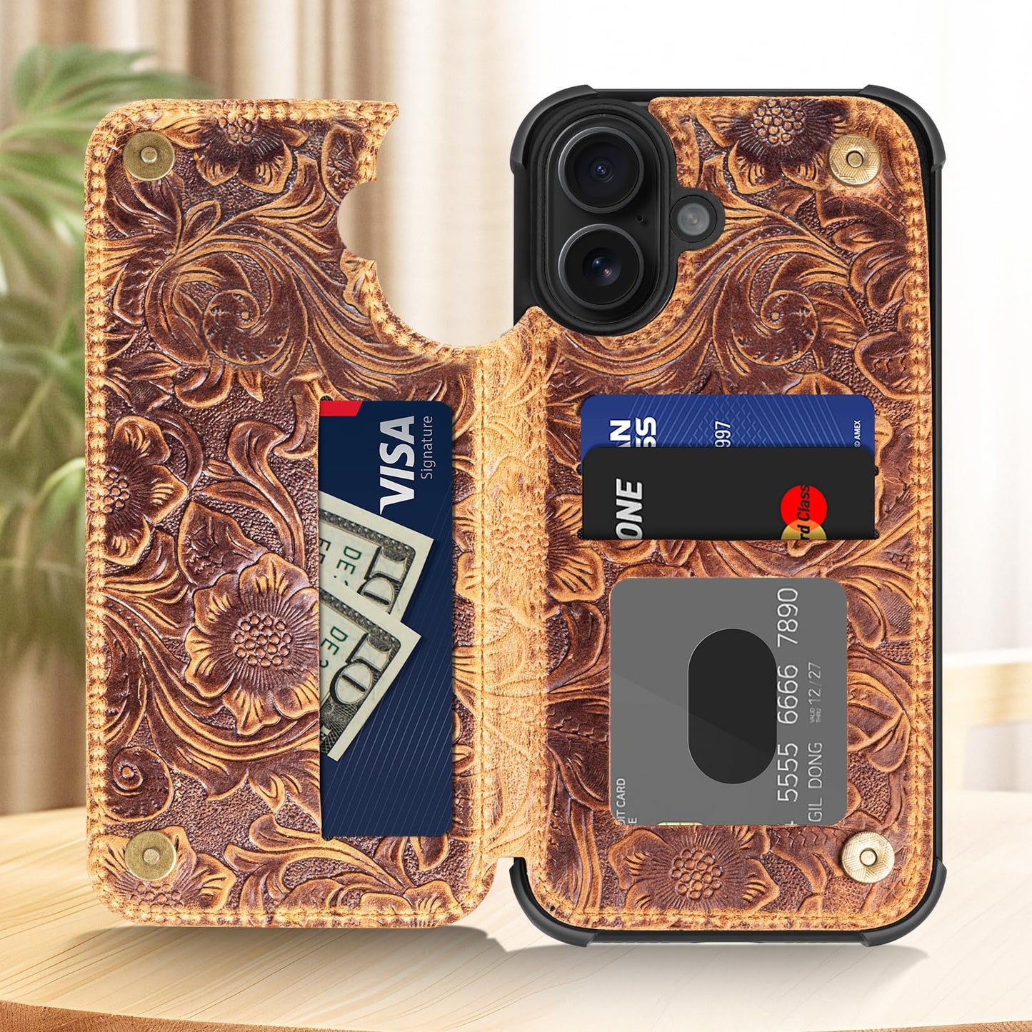 RMAWRAD Wallet Real Leather Case Compatible with iPhone 16 6.1" ，Genuine Leather，Shockproof, Anti-Fall Case, Flip Cover, with Card Slot, Double Magnetic Buckle, Kickstand, Durable Brown
