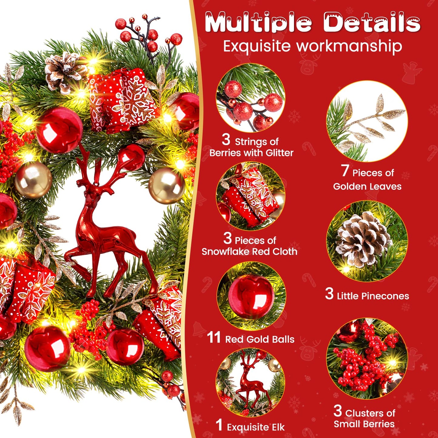 Quntis Lighted Christmas Wreath Front Door - 16'' Reindeer Winter Wreath with 8 Modes Timer, Red Gold Balls, Snowflakes, Pine Cones, Berries for Indoor Outdoor Holiday Windows Fireplace Mantel Porch