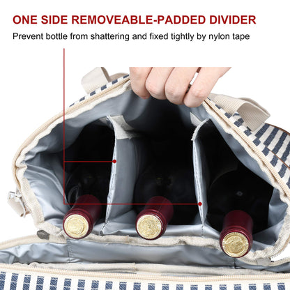 Tirrinia Insulated Wine Gift carrier - 3 Bottle Travel Padded Wine Carry Cooler Tote Bag with Handle and Adjustable Shoulder Strap, Stripe
