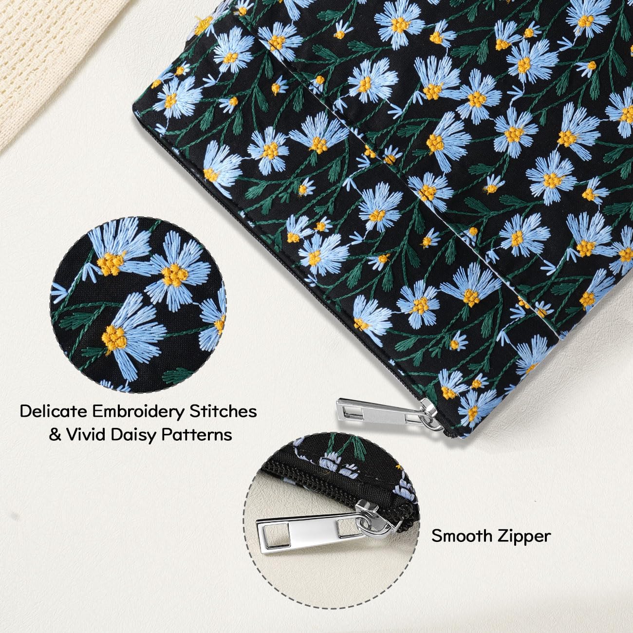 Dadanism 9-11 Inch Embroidered Daisy Padded Carrying Case Protective Tablet Sleeve for iPad A16 11th Gen 11"/10th Gen 10.9", iPad Air 11"/Pro 11"/Air 5th 4th 10.9", Galaxy Tab A11+ Plus 11", Black