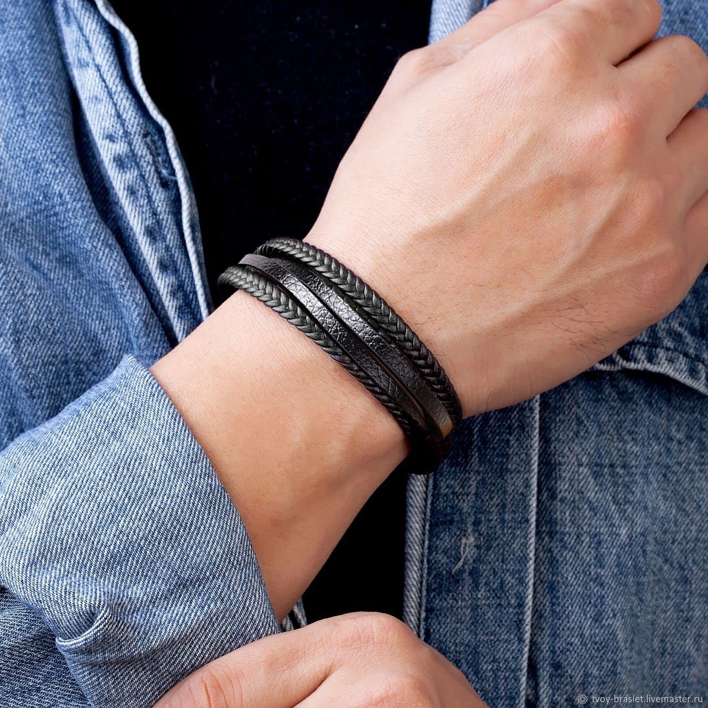 RIOSO 6 Pieces Mens Leather Bracelet Stainless Steel Multi-layer Braided Black Leather Bracelets for Men