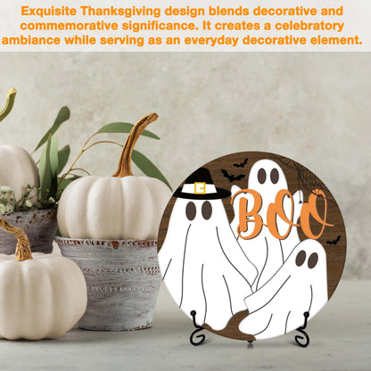 Seclate Halloween Desk Decorations for Home, Ghost Wooden Table Centerpieces 8x8 Inches with Iron Stand for Office Living Room Shelf Decor, Boo Gifts for Women Friends - E08