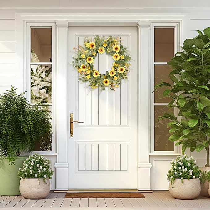 24" Sunflower Wreath for Front Door - Artificial Floral Lush Summer Wreath with Adjustable Headband & DIY Decor for Wall, Home, Wedding, Party, Christmas (Yellow)