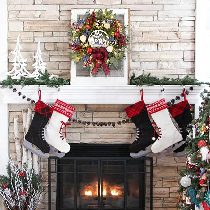 Prelit Christmas Wreath for Front Door Outside,22 inch Be Merry Wreath with red Black tarten Plaid Bow,Lighted Farmhouse Christmas decoration-30 LED Light/Timer,Winter Door Wreath, Porch Decor